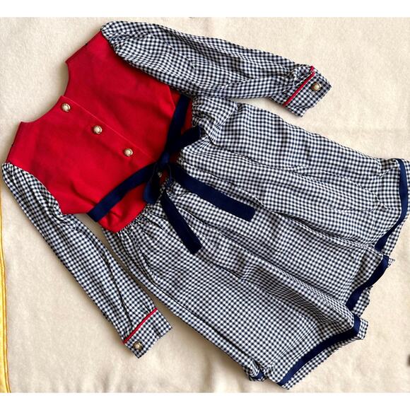 Vintage 90s Piano Kids Fashion Dress Girls 8 Gingham Check Corduroy Embroidered - Picture 2 of 4